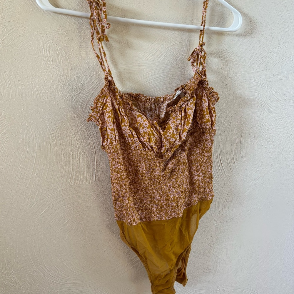 Free People Floral Patterned Bodysuit with Mustard Accents